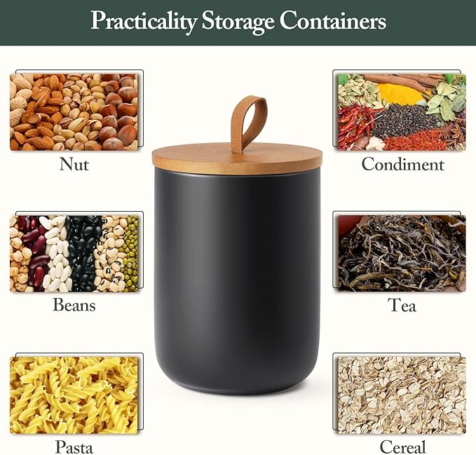 Canisters Sets for the Kitchen, Airtight Ceramic Canister with Wooden Lid, 45oz Black Coffee Canister with Scoop, 2 Piece Flour Sugar Storage Containers, Food Storage Jars for Countertop