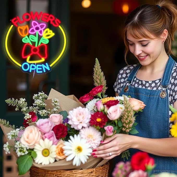 Flowers Open Neon Sign for Business Decor Dimmable Beautiful Flower Shop Neon Light Sign Bright Open Light up Sign for Florist Garden Supermarket Souvenir Store Bar Home Party Window Art Wall - Image 5