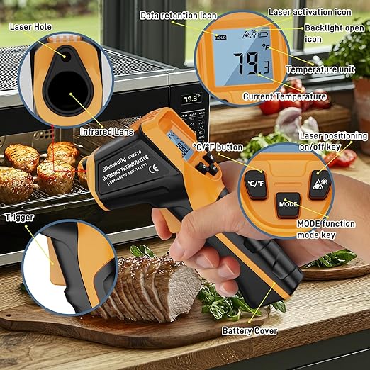 Infrared Thermometer Laser Temperature Gun -58℉ to 1112℉,with Cal Calibration and Adjustable Emissivity,Min& Max Measure,for Cooking,Oven,Meat Food,HVAC,Appliance（Yellow）