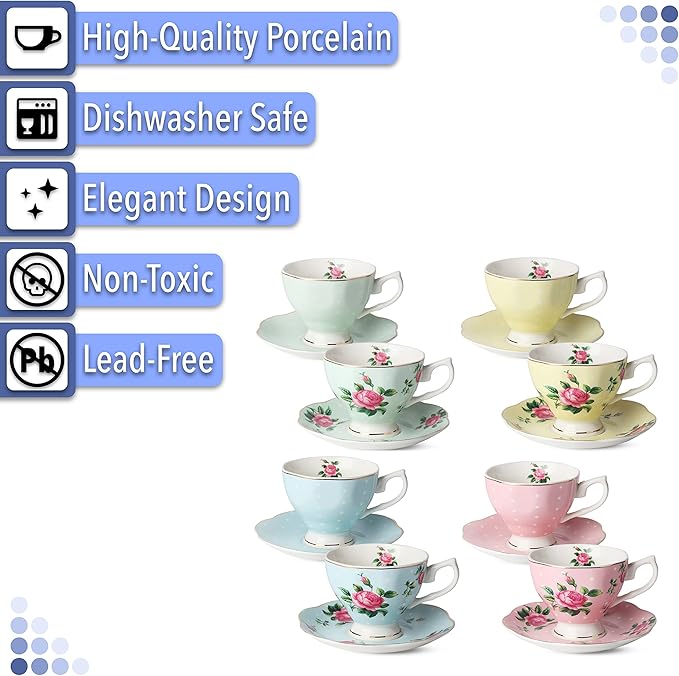 BTaT- Floral Tea Cups and Saucers Set of 8 (8 oz), Porcelain Tea Cup Sets, Assorted Colors with Gold Trim & Gift Box, Dishwasher Safe