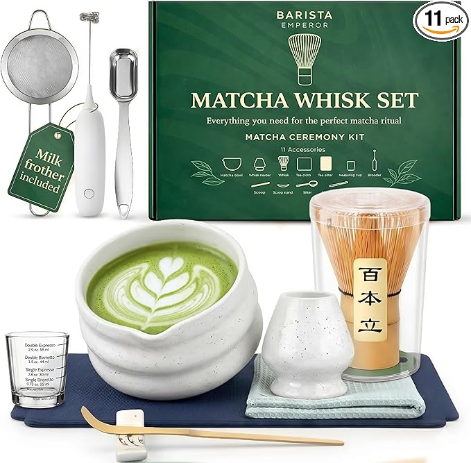 Barista Emperor® PREMIUM 11pcs MATCHA WHISK SET - Professional Matcha Kit Set with Matcha Bowl, Matcha Whisk, Milk Frother, Spoon, Matcha Sifter, Scoop, Scoop Stand, Measuring Cup, Tea Mat and Cloth