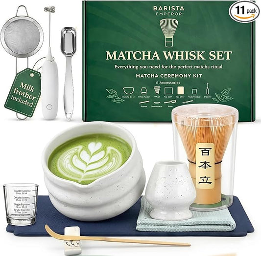 Barista Emperor® PREMIUM 11pcs MATCHA WHISK SET - Professional Matcha Kit Set with Matcha Bowl, Matcha Whisk, Milk Frother, Spoon, Matcha Sifter, Scoop, Scoop Stand, Measuring Cup, Tea Mat and Cloth