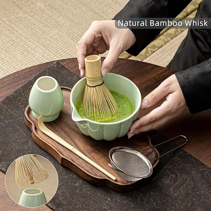 Matcha Whisk Set, Matcha Set Includes Ceramic Matcha Bowl, Bamboo Whisk, Scoop, Chasen Holder, Sifter - 5 Pcs Perfect Matcha Kit for Matcha Lover (Emerald Green)