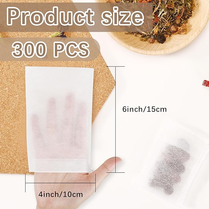 300 Pcs Empty Tea Bags for Loose Leaf Tea, Disposable Large tea Filter Bags with Drawstring Cold Brew Coffee Bag fillable Cloth Diy Empty Tea Sachets for Loose tea, Coffee, Herbs, Spice (4 x 6 inch)