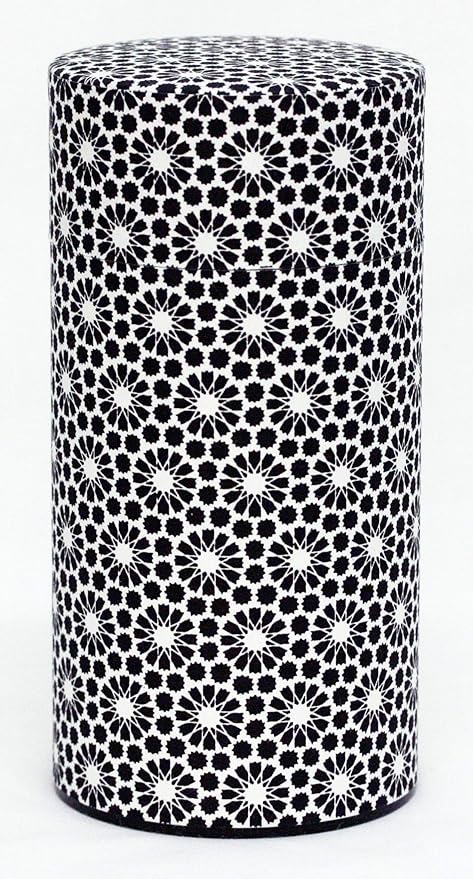 Washi Paper Tea Tin Canister: Long 7oz (200g) Black & White Sunflowers (#67), Japan