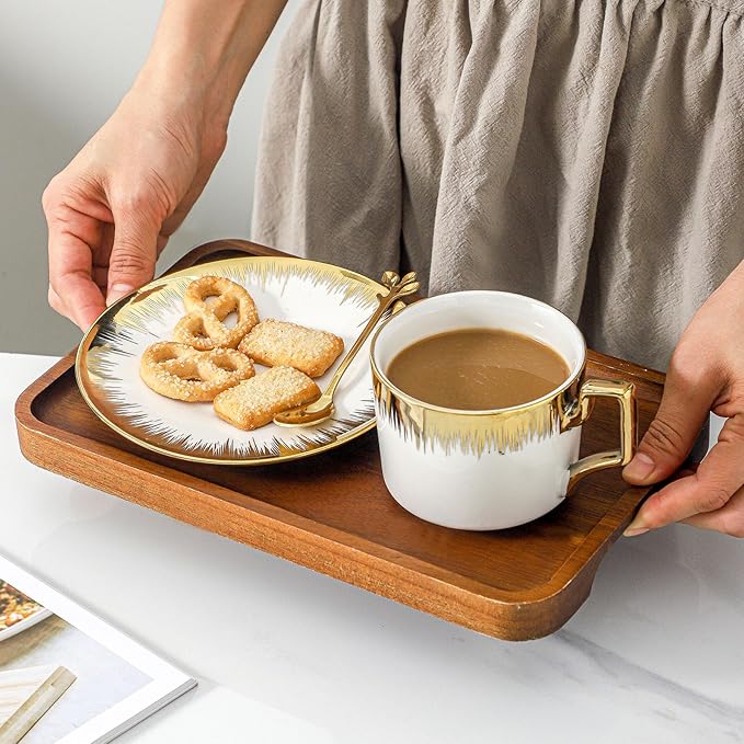 LETAOTAO Cappuccino Cups with Saucers, 8.5 oz Stackable Ceramic Coffee Cup and Saucer with Gold Trim, Turkish Coffee Cups Set for Double Espresso, Tea Cups Set of 6, White