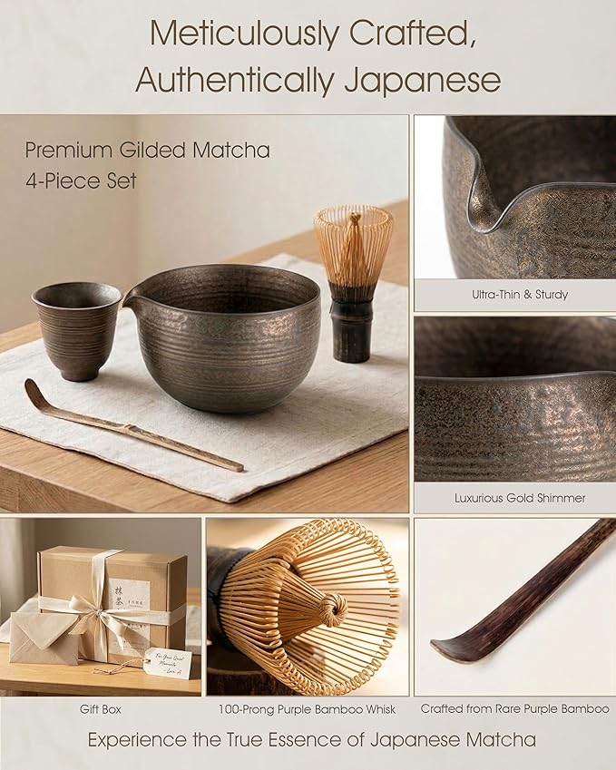 Matcha Whisk Set, 4-Piece Matcha Kit with Handmade Ceramic Bowl, 100-Prong Bamboo Whisk & Holder, Tea Scoop– Premium Matcha Tea Set for Beginners & Tea Lovers, Gift Ready