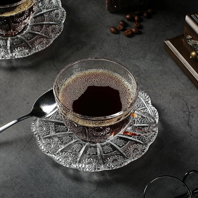 Glass Teacups and Saucers Set of 6, Vintage Coffee Mugs with Stainless Steel Spoon, Dishwasher & Microwave Safe Teacups for Espresso Cappuccino Latte Tea Juice, 7OZ/210ML, Clear