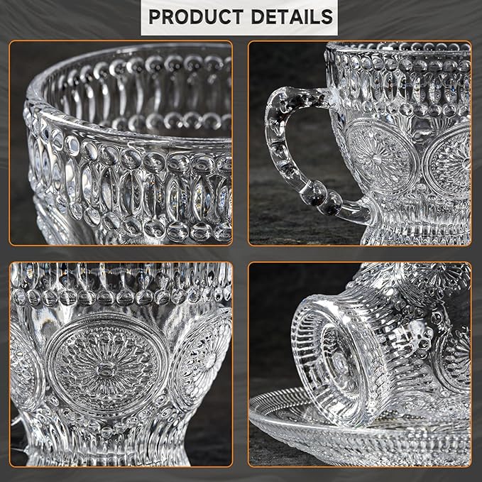 Glass Teacups and Saucers Set of 6, Vintage Coffee Mugs with Stainless Steel Spoon, Dishwasher & Microwave Safe Teacups for Espresso Cappuccino Latte Tea Juice, 7OZ/210ML, Clear