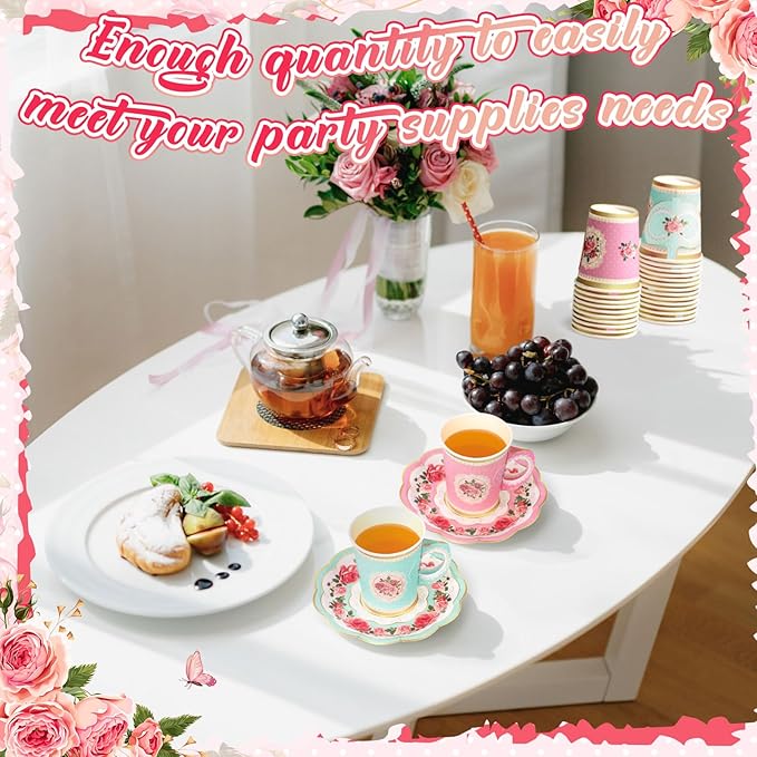 Domensi 60 Pieces Tea Party Decorations Include 30 Pcs 9 oz Paper Cups with Handle and 30 Pcs Tea Party Paper Plates Disposable Blossom Teacups and Saucers for wedding Favors(Assorted Style)