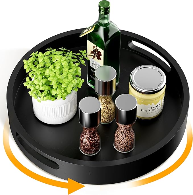Lazy Susan Organizer Homerays 12 Inch Non-Skid Bamboo Lazy Susan for Kitchen Rotating Spice Rack with Handles, Wood Turntable for Kitchen Cabinet,Countertop (Black, Medium) by Homerays