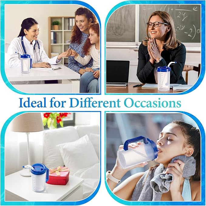 32 oz Hospital Water Cup with Straw and Lid Insulated Double Walled Water Cup with Handle and Straw Elderly Bottle Plastic Drinking Hospital Carafe Insulated Mug(Blue,4)