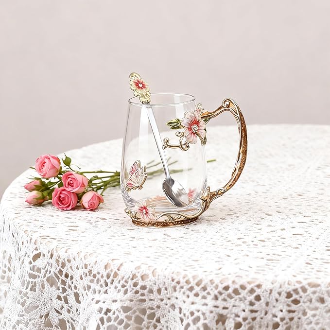 Flower Glass Coffee Tea Cup With Spoon Set Ideal Gifts For Mom Women Christmas Stocking Stuffers Valentine's Day Birthday Gifts For Her Girlfriend Wife Nice Present From Daughter Son (Red-Tal)