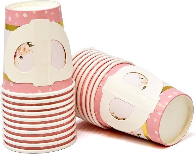 Gift Boutique 36 Paper Tea Cups with Handles and 36 Floral Shaped Saucers Disposable Teacup Set for Kids Adults Birthday Baby Bridal Shower Tea Party