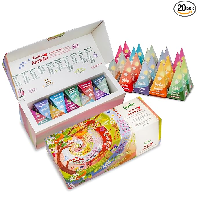 Lazika Tea Sampler with Lovely Presentation Box, 20 Counts, 4 of Each Blend Individually Wrapped, Black, Green and Herbal Tea Variety Gift Set, Premium Collection with Pyramid Infuser Bag, Handcrafted