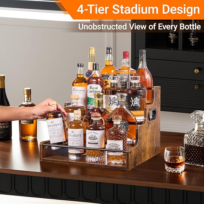 YQBRAO 2 Pack 4-Tier Liquor Bottle Display Shelf, 16-Inch Wooden Bar Shelves for Liquor Bottles, Countertop Whiskey Shelf and Bourbon Shelf Organizer for Home Bar, Kitchen (Rustic Brown)