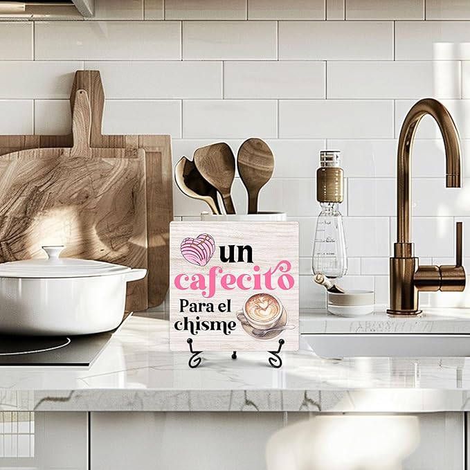 Stylish Cafe Station Decor, Coffee Bar Sign, Pink Signs for Station, Gifts for Coffee Lovers, Rustic Farmhouse Home Office Kitchen Decoration Bar Favor and Accessories 5 x 5 Inches-105