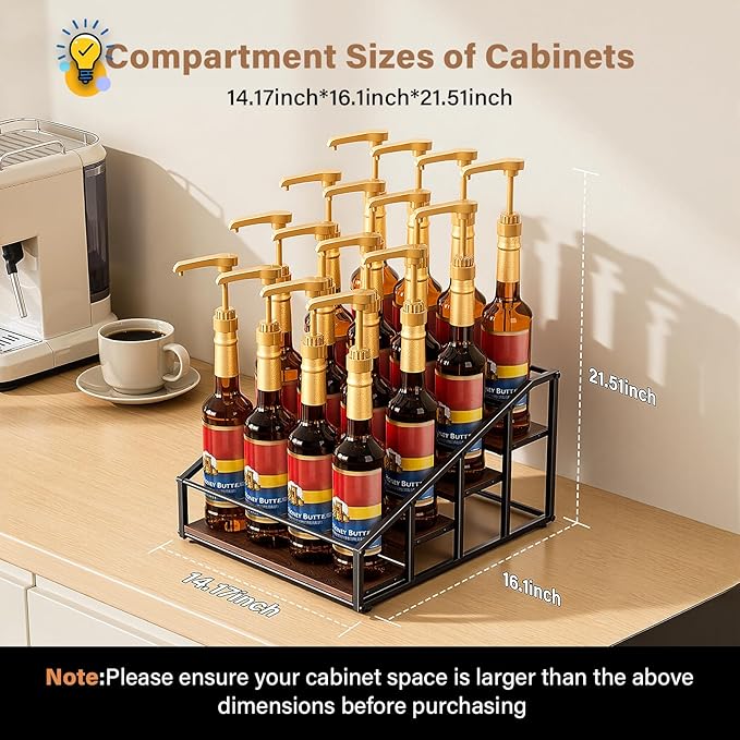 kimilus Coffee Syrup Organizer Rack, Liquor Bottle Display Shelf, 4 Tier 16 Syrup Bottles Holder Stand for Coffee Bar Kitchen Small Wine Rack for Family Storage for Syrup Wine Dressing