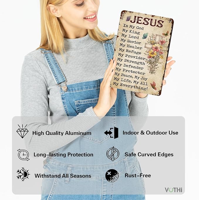 Jesus Cross Wall Art - Christian Metal Tin Sign with Bible Verse, Scripture Wall Decor for Home, Office, Bedroom - Religious Cross Decor, 8x12 Inch - Image 2