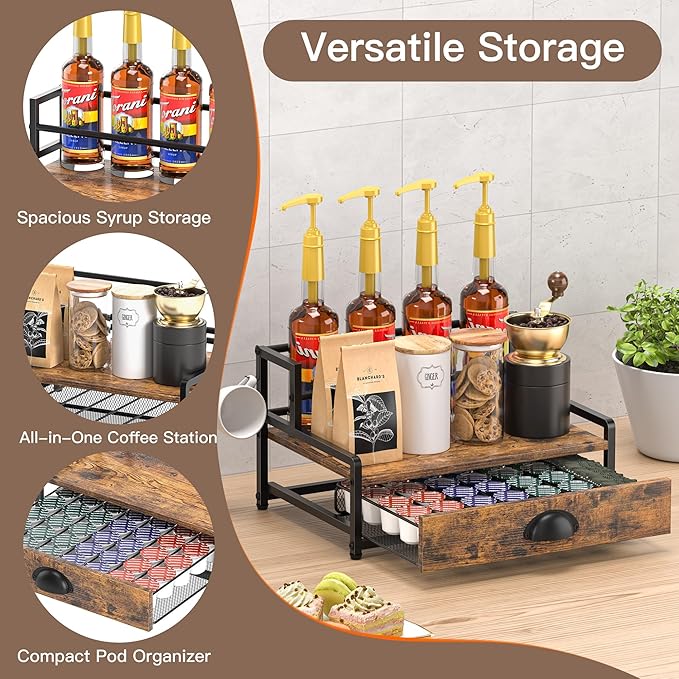 Coffee Syrup Rack Organizer, Coffee Pod Holder for Countertop, 8 Syrup Bottles Stand with Storage Drawer for 35 K Cups, Coffee Pod Drawer for Coffee Station, Home, Kitchen, Office, Dorm, Rustic Brown
