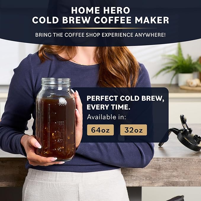 Home Hero Cold Brew Coffee Maker Glass Pitcher - Easy Mason-Style Cold Brew Jar - Smooth Iced Coffee Maker Experience - Leakproof Flip Cap & On-the-Go Lid for Iced Tea Pitcher - 64 Oz, Black