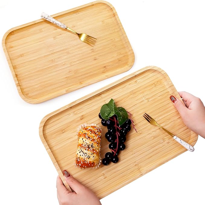 Yarlung 2 Pack Bamboo Tray Cheese Plate, 14x9 Inches Food Serving Saucer Wood Rectangular Platter for Coffee, Tea, Fruit, Plant Pot
