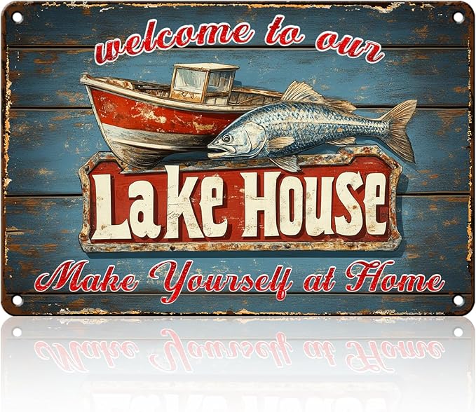 Welcome to Our Lake House Metal Sign Retro Tin Sign Wall Decor for Farmhouse Kitchen Cafe Home Yard 12×16 Inch by Unknown