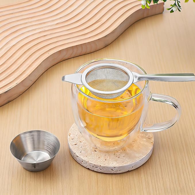 2 Pcs 2.36 Inch Mini Matcha Sifter, 30 Fine Mesh Stainless Steel Tea Strainer Dual-Use Matcha Sifter with Drip Cup for Loose Tea Coffee(silver)