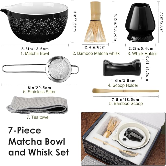 Matcha Whisk Set Matcha Kit - 7 Pcs Japanese Tea Set Includes Matcha Bowl with Spout,Bamboo Whisk with Ceramic Holder,Bamboo Scoop and Rest,Sifter,Tea Towel, for Ceremony Matcha Lovers Gift,Black