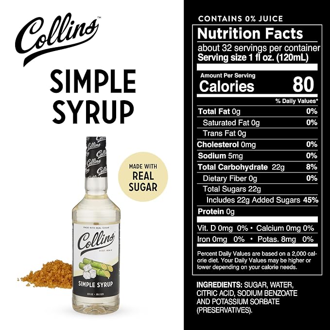 Collins Simple Syrup, Classic Simple Syrup, Real Sugar Cocktail Syrups, Soda Water Flavors, Cocktail Mixers, 32 Ounces, Set of 1 - Image 4