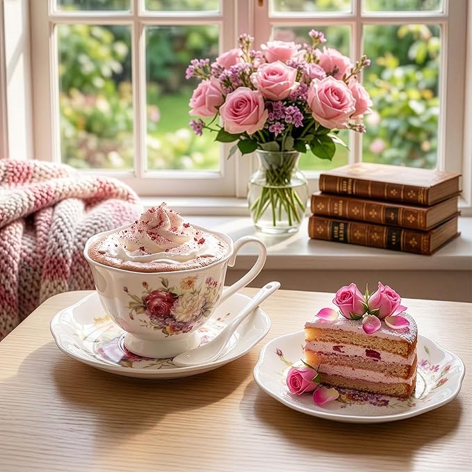 Foraineam Floral Tea Cup with Saucers and Spoons Set of 6 - Coffee Cups and Saucers with Gold Trim - 6 oz Porcelain Ivory Latte Cup and Espresso Mug for Coffee Drinks and Tea