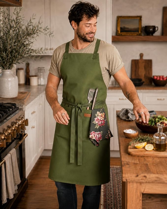 Cotton Crossback Apron with Waterproof Lining, 2 Pockets, Adjustable Water-Resistant Chef Apron - Image 2