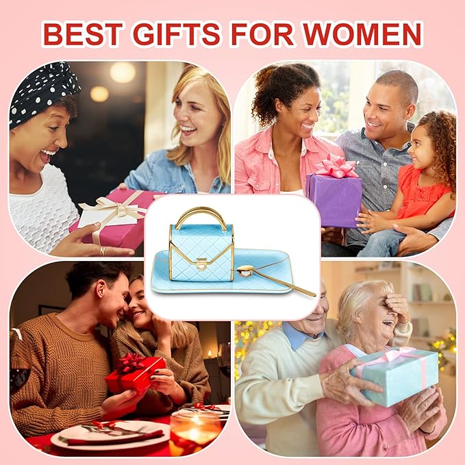 Zubebe 1 Set Coffee Mug Elegant Handbag Shaped Cup Mother's Day Modern Ceramic Purse Mug with Spoon and Saucer, 10oz Cute Creative Tea Cup for Woman Girls Gift (Blue)