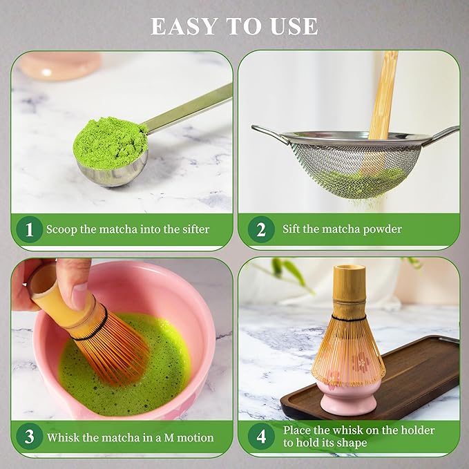 Matcha Whisk Set Matcha Making Kit Bamboo Chasen Ceramic Whisk Holder Stand Sifter Scoop Japanese Tea Tools (Pink Printing)