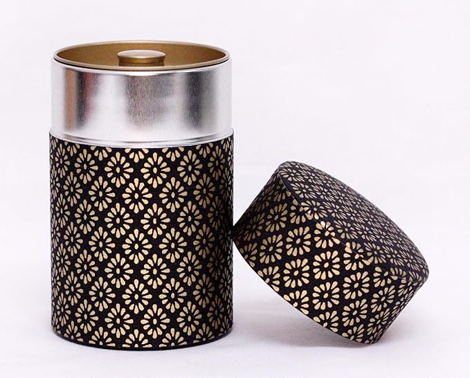 Washi Paper Tea Tin Canister: Long 3.5oz (100g) Black and Gold Chrysanthemum Indicum (#74), Japan