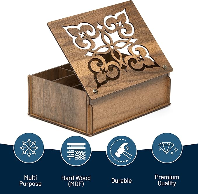 RoyalHouse Premium Wood (Hard MDF) Tea Storage Box Organizer (Walnut), Eco-Friendly Multi-Functional Decorative Box, 9 Compartments For Assorted Variety Of Tea Bags and Small Items