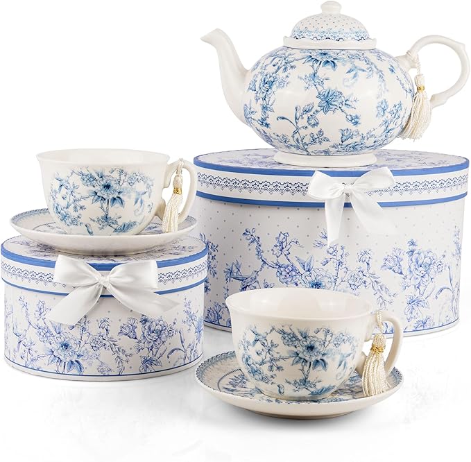 STP GOODS Blue Flowers Bone China Cup and Saucer Set in Gift Box (Blue)