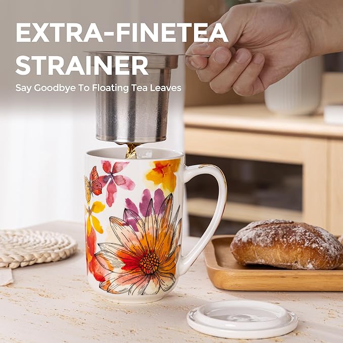 GBhome Tea Mug with Infuser and Lid, 18 Ounce Large Ceramic Loose Leaf Cup, Microwave, Dishwasher Safe, Perfect For Tea Lovers