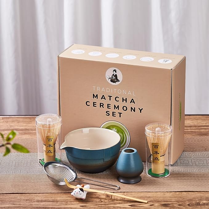 Matcha Whisk Set, Matcha Set Includes 2X Matcha Whisk, Matcha Bowl and Chasen Holder, Bamboo Scoop, Scoop Rest, Sifter - 7 Pcs Matcha Kit for Tea Ceremony, Gift for Matcha Lover (Blue to Black)