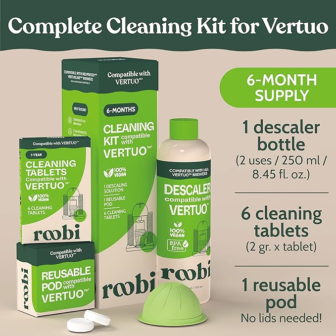 Roobi Nespresso Compatible Vertuo Cleaning & Descaling Kit. Includes 1 Bottle of Descaling Solution, 6 Cleaning Tablets and 1 Reusable Pod. Carbon Neutral Vertuoline Maintenance Kit. 6 Month Supply. - Image 3