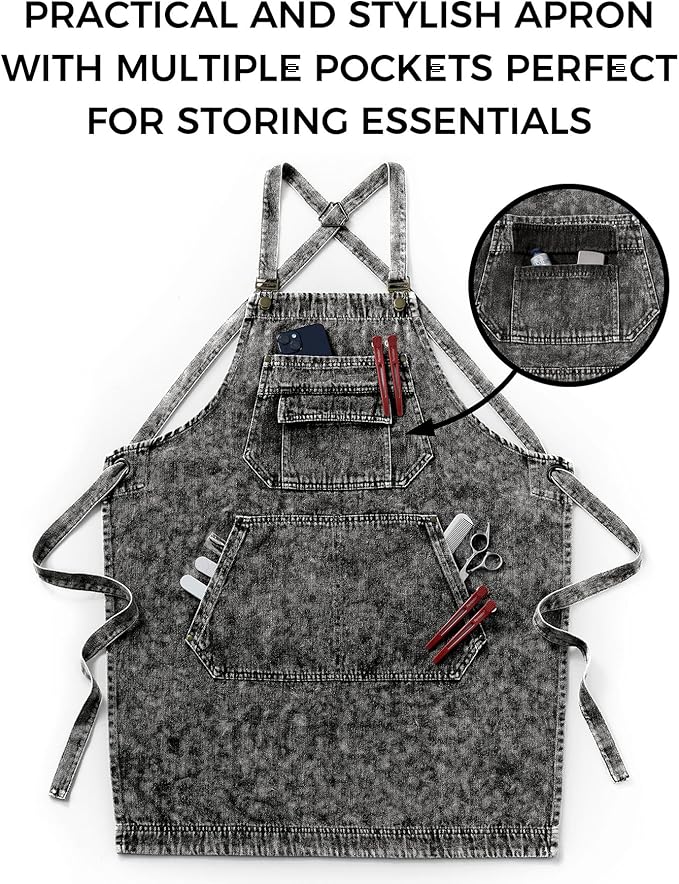 Denim Apron with Pockets for Hair Stylist Gardening Craftsmen Barista Women Hairdresser Jean Work Apron Cross Straps