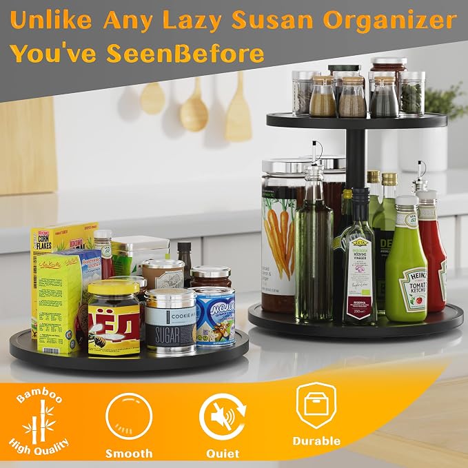 Lazy Susan Organizer Homerays 9 Inch Non-Skid Bamboo Lazy Susan for Kitchen Rotating Spice Rack for Kitchen Cabinet, Wood Turntable for Kitchen Countertop Organizer Black - Image 5