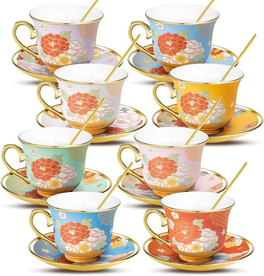 8 Set Tea Cups and Saucers, 8 OZ Floral Porcelain Cup and Saucers Set for Latte Cappuccino Espresso Mocha Afternoon Tea Birthday Wedding Party Supply Housewarming Women Gift