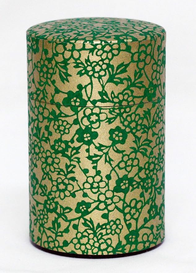 Washi Paper Tea Tin Canister: Long 3.5oz (100g) Green and gold Flower & Ivy (#81), Japan