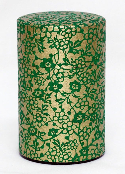 Washi Paper Tea Tin Canister: Long 3.5oz (100g) Green and gold Flower & Ivy (#81), Japan