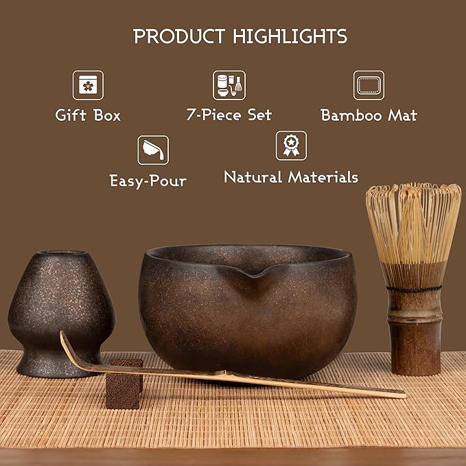 Matcha Whisk Set 7-Piece with Handmade Matcha Bowl & 100-Prong Purple Bamboo Whisk (Chasen), Complete Matcha Kit with Holder, Scoop & Rest, Bamboo Tea Mat, Gift-Ready Matcha Set