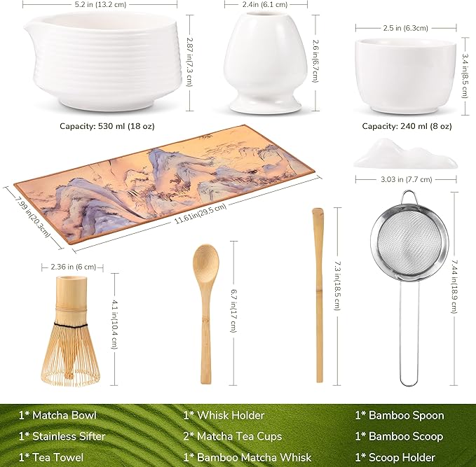 HELPLX Matcha Whisk Set, 10-Piece Japanese Matcha Kit with Bowl, Whisk & Holder, 2 Tea Cups, Bamboo Scoop, Spoon, Sifter, Scoop Rest & Tea Towel – White Matcha Tea Set for Ceremony or Daily Use