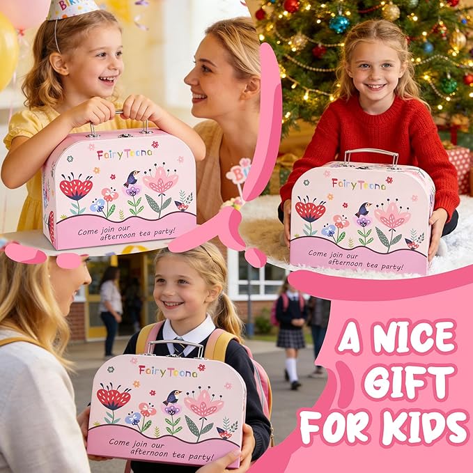 Floral Tea Party Set for Little Girls Ages 3-6, 15-Piece Pretend Play Kitchen Toys with Teapot, Cups, Plates & Storage Case, Princess Gift Set (Pink)