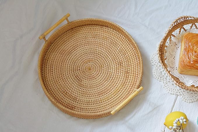 DECRAFTS Rattan Round Serving Tray Wicker Woven Bread Basket with Handles for Cracker Dinner Parties Coffee Table Breakfast (Natural 12.6 inches)