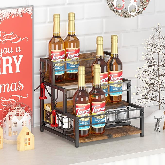 LOTEYIKE 3 Tier Coffee Syrup Rack Organizer, 12 Water Bottles Holder Stand Liquor Cabinet Storage, Wine Rack Countertop Storage Rack Coffee Bar Cabinet for Kitchen